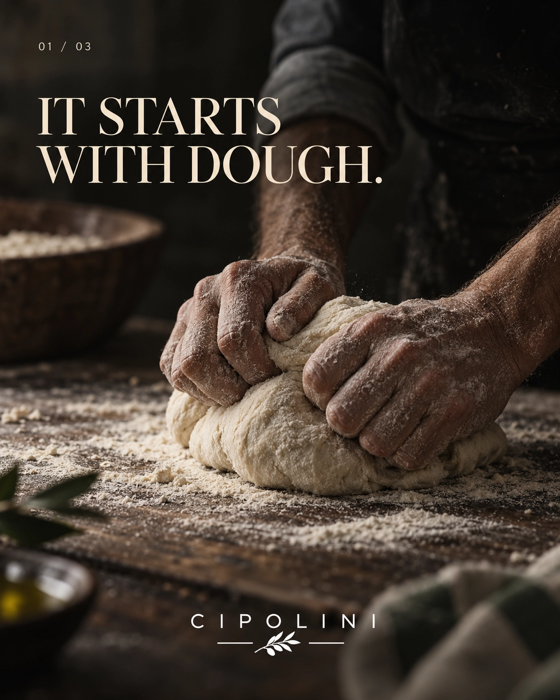 Hands kneading pizza dough on a floured work surface