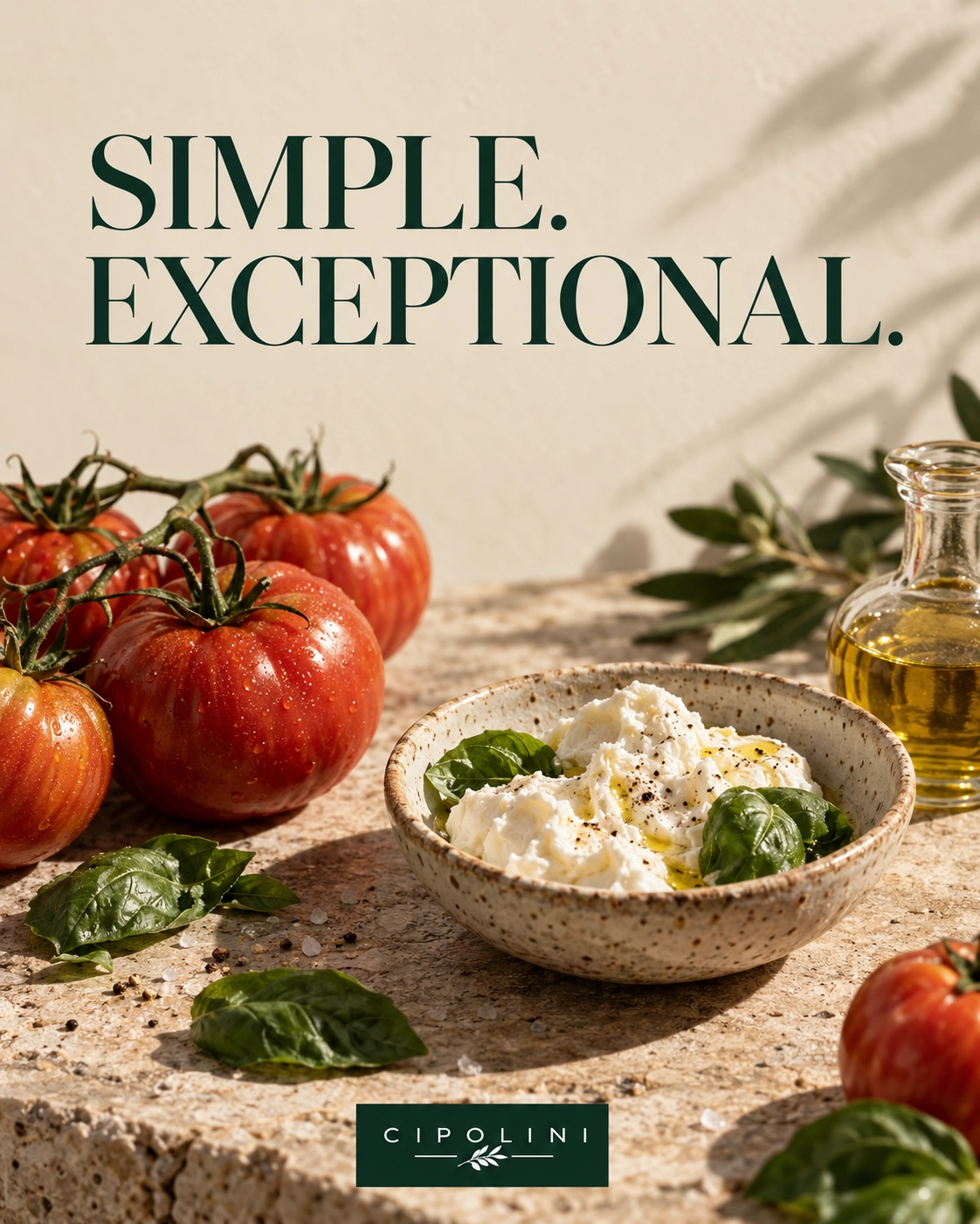 Burrata, tomatoes, basil and olive oil arranged on a cream counter